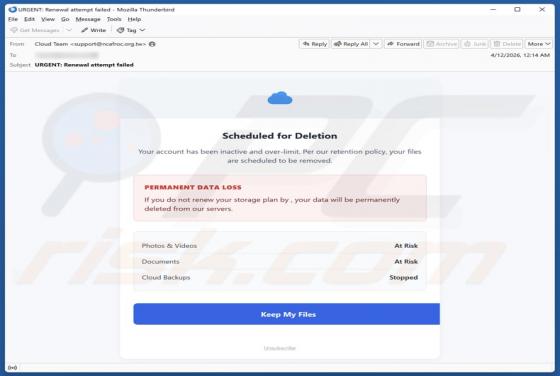 Cloud Account Scheduled For Deletion estafa por correo electrónico