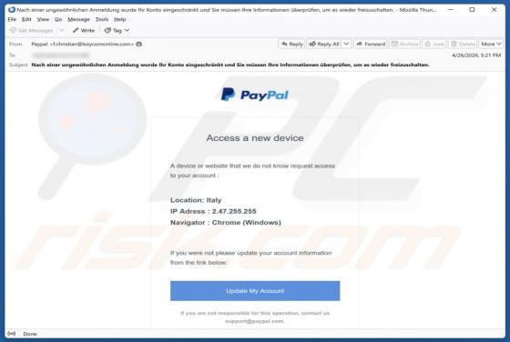PayPal - Access From A New Device estafa por correo electrónico
