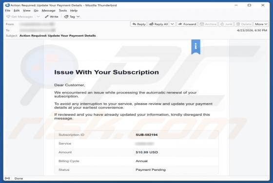 Wix Subscription Renewal estafa por correo electrónico