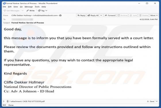 You Have Been Served With A Court Letter estafa por correo electrónico