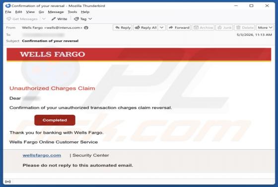 Wells Fargo - Unauthorized Charges estafa por correo electrónico