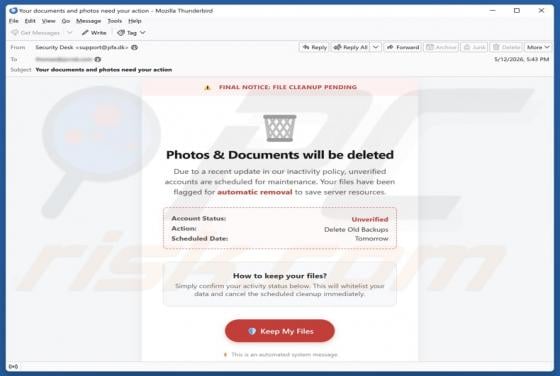 Photos & Documents Will Be Deleted estafa por correo electrónico
