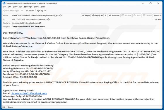 Facebook Casino Online Promotions estafa por correo electrónico