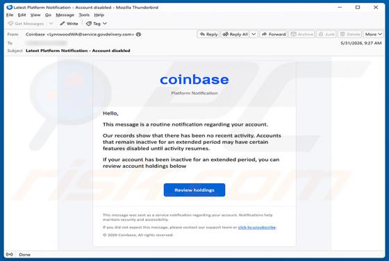 Coinbase - Disablement Of Inactive Accounts estafa por correo electrónico