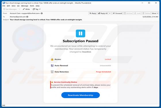Cloud Subscription Paused estafa por correo electrónico