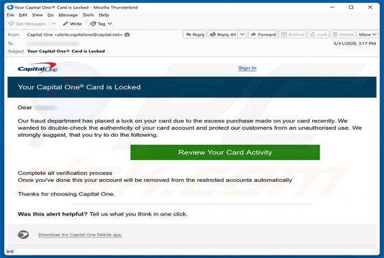 Capital One Card Is Locked estafa por correo electrónico