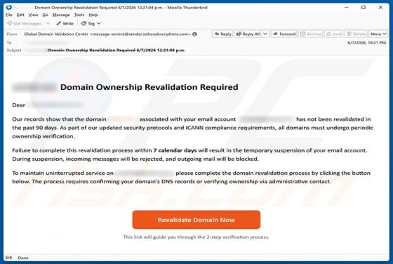 Domain Ownership Revalidation Required estafa por correo electrónico