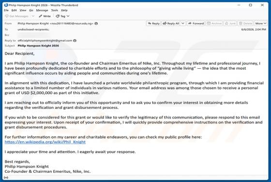 Private Worldwide Philanthropic Program estafa por correo electrónico