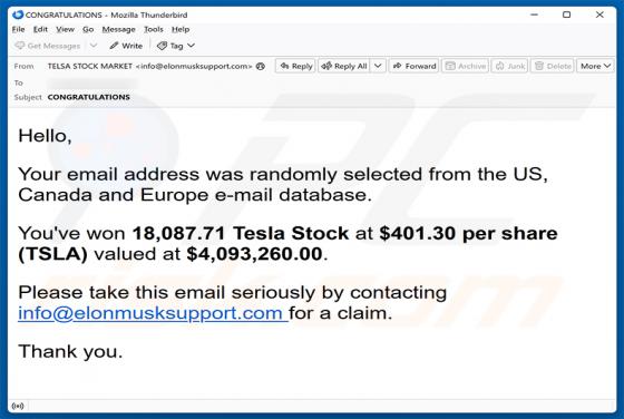 You\'ve Won Tesla Stock estafa por correo electrónico