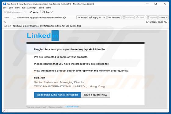 LinkedIn Purchase Inquiry estafa por correo electrónico