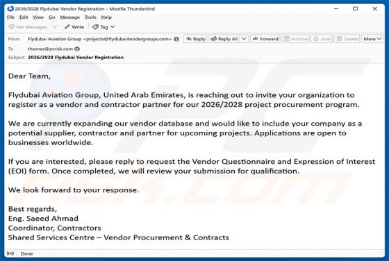 Flydubai Vendor Registration estafa por correo electrónico