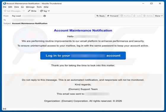 Account Maintenance Notification estafa por correo electrónico