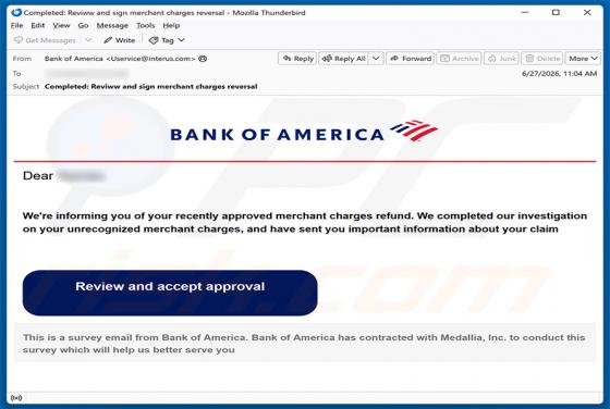 Bank Of America - Merchant Charges Refund estafa por correo electrónico