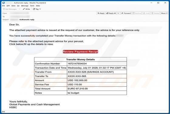 HSBC Money Transfer Completed estafa por correo electrónico