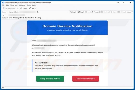 Domain Service Deactivation estafa por correo electrónico