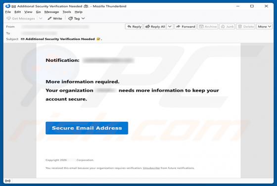 Organization Needs Information To Keep Account Secure estafa por correo electrónico