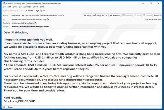 Business Funding Opportunities estafa por correo electrónico