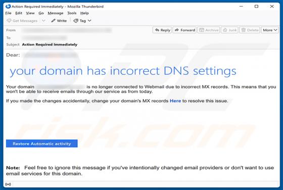 Your Domain Has Incorrect DNS Settings estafa por correo electrónico