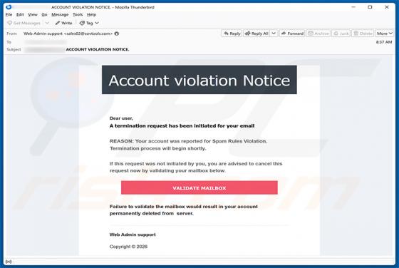 Account Violation Notice estafa por correo electrónico