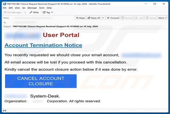 Account Termination Notice estafa por correo electrónico