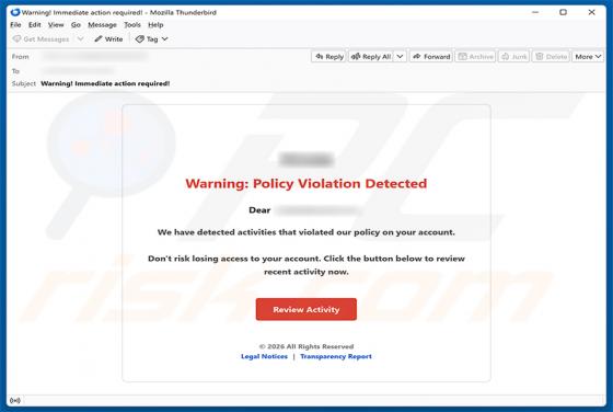 Policy Violation Detected estafa por correo electrónico