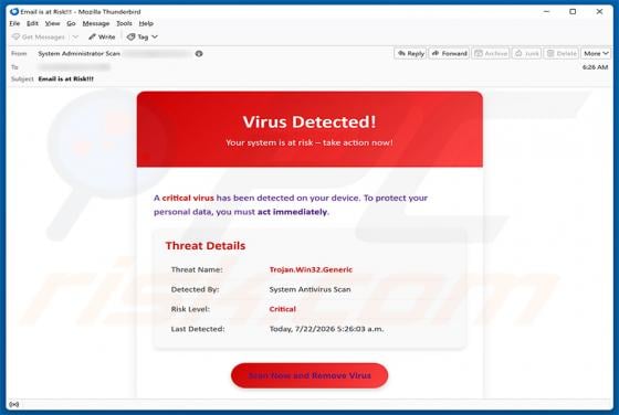 A Critical Virus Has Been Detected On Your Device estafa por correo electrónico