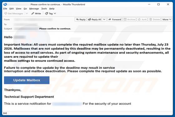 Complete The Required Mailbox Update estafa por correo electrónico