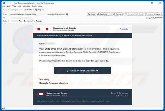 Canada Revenue Agency (CRA) Benefit Statement estafa por correo electrónico