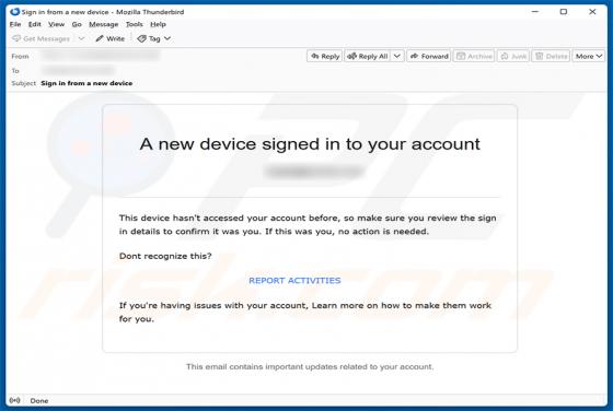 New Device Signed In To Your Account estafa por correo electrónico