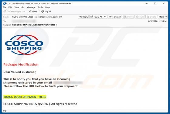 Cosco Shipping Package Notification estafa por correo electrónico