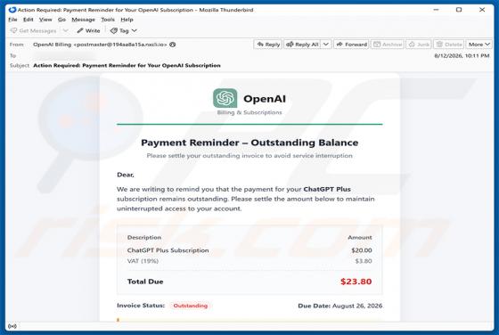 ChatGPT Payment Reminder estafa por correo electrónico