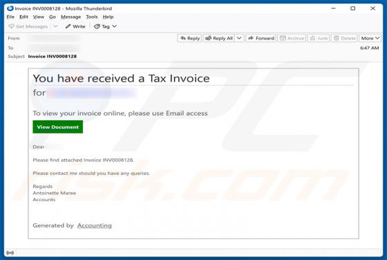 You Have Received A Tax Invoice estafa por correo electrónico
