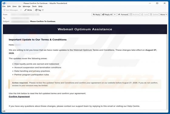 Webmail Optimum Terms and Conditions Update estafa por correo electrónico