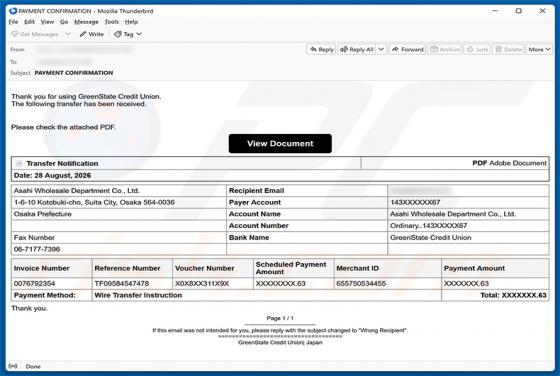 GreenState Credit Union Transfer Received estafa por correo electrónico