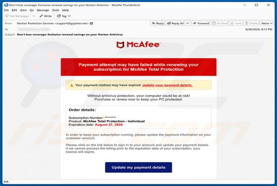 McAfee - Payment Method Expired estafa por correo electrónico