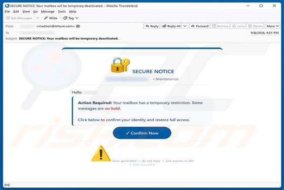 Secure Notice - Mailbox Has A temporary Restriction estafa por correo electrónico