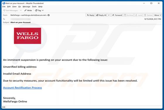 Wells Fargo - Pending Account Suspension estafa por correo electrónico