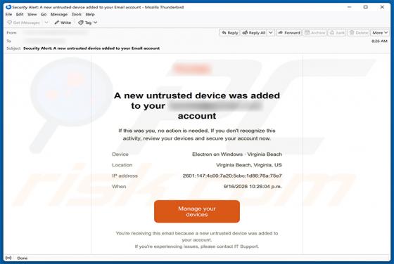 Untrusted Device Was Added To Your Account estafa por correo electrónico