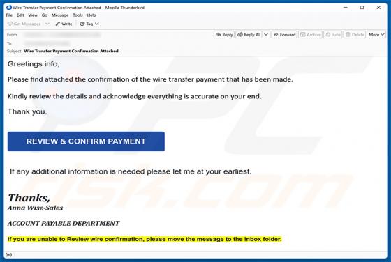 Wire Transfer Payment Confirmation estafa por correo electrónico