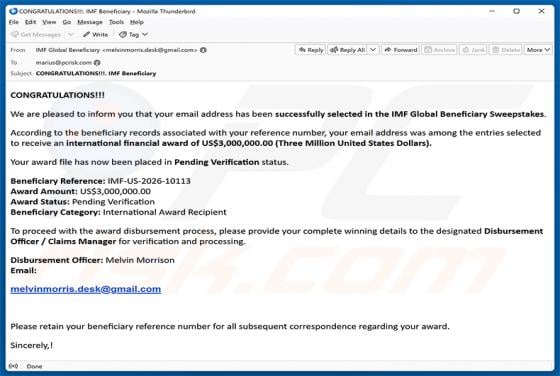 IMF Global Beneficiary Sweepstakes estafa por correo electrónico