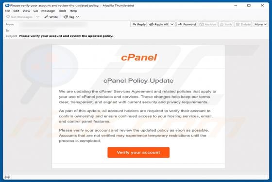 cPanel Policy Update estafa por correo electrónico
