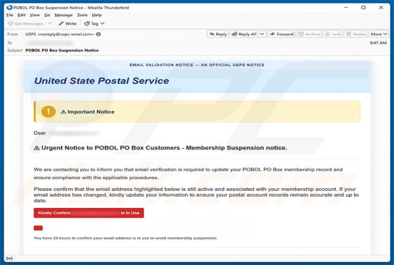 USPS POBOL Membership Suspension Notice estafa por correo electrónico