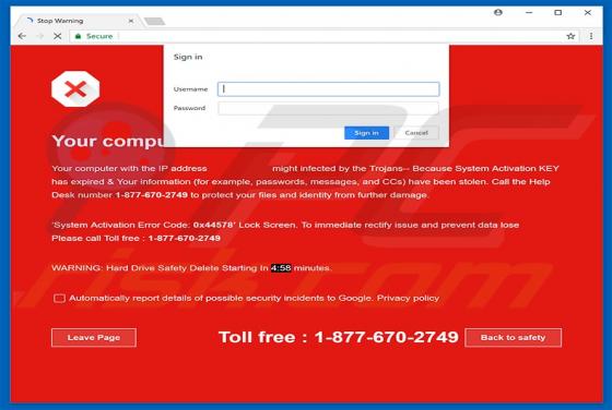 Estafa en ventana emergente System Activation KEY Has Expired