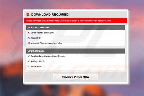 Virus fraudulento en ventana emergente Bankworm (Mac)