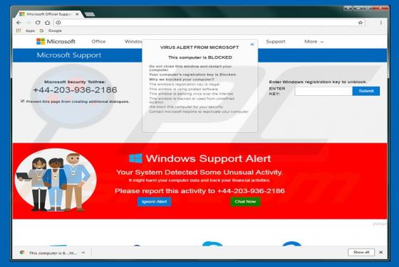 Estafa en ventana emergente Your Registration Key Is Blocked