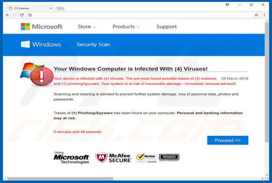 Estafa en pop-up Your Windows Computer is Infected With (4) Viruses!