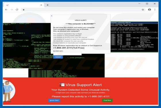 Estafa Virus Support Alert en pop-up