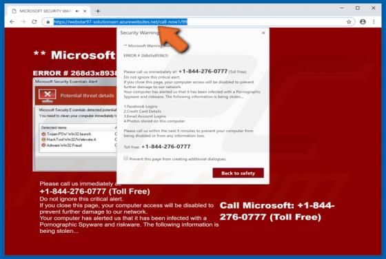 Estafa en ventana emergente Azurewebsites.net