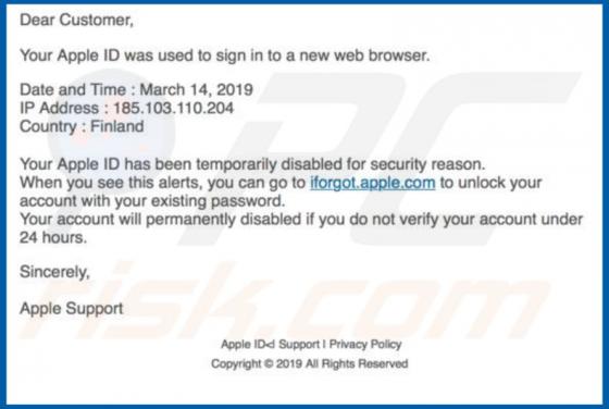 Estafa por correo Iforgot.apple.com