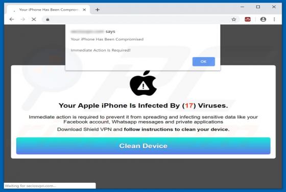Estafa Your Apple iPhone Is Infected By (17) Viruses en pop-up (Mac)